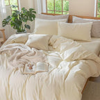 MooMee Bedding Duvet Cover Set 100% Washed Cotton Linen Like Textured Breathable Durable Soft Comfy (Solid Cream White, Super Queen 90"x98")