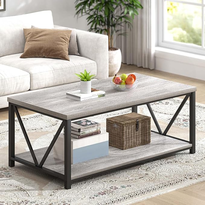 FOLUBAN Modern Coffee Table, Rustic Wood and Metal Center Table with Storage Shelf, Industrial Cocktail Table for Living Room, Light Grey, 39 Inch