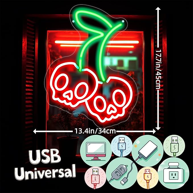 Halloween Cherry Skull Neon Sign, Gothic Neon Sign, Halloween Skull Lover Gifts, Skull Room Wall Decor for Man Cave Beer Bar Club Game Room Halloween Party Decor Gifts-Large-17.72IN