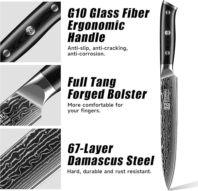 KEEMAKE Carving Knife for Meat, 8 Inch Ultra Sharp Damascus Kitchen Knives with G10 Ergonomic Handle, Brisket Knife for Meat Cutting, Japanese Knives for BBQ Ham Roast Turkey Vegetable