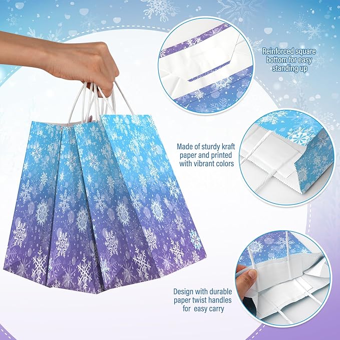 24 Pcs Winter Snowflake Gift Bags, Blue and Purple Snowflake Goodie Bags Bulk with 24 Tissue Paper, Holiday Kraft Paper Party Favor Bags with Handles for Birthday Christmas Winter Wonderland