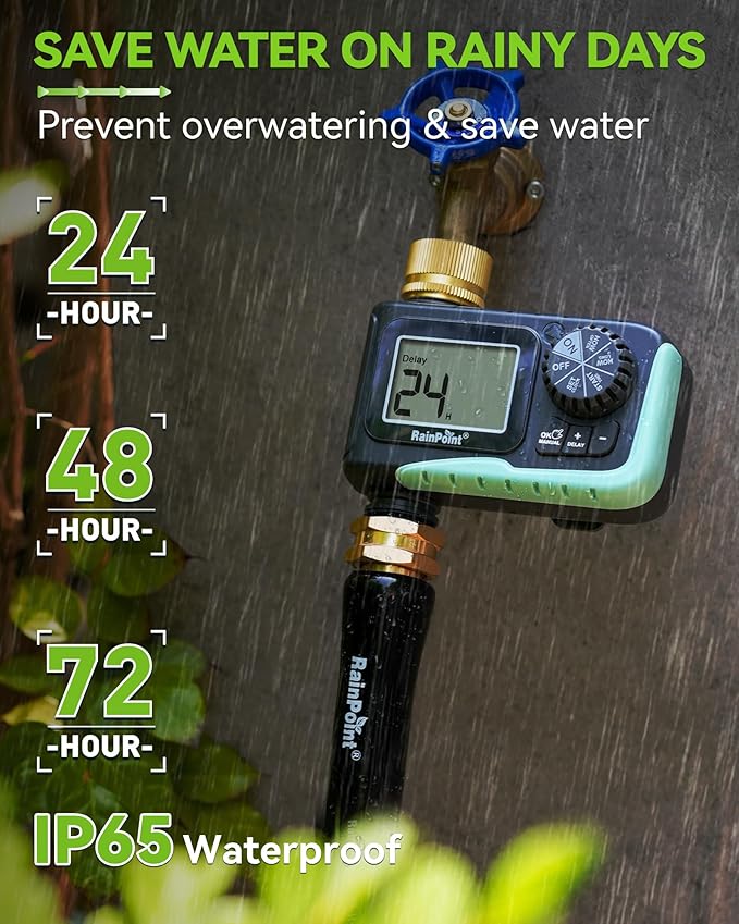 RAINPOINT Sprinkler Timer with Brass Swivel, Programmable Water Timer for Garden Hose with Rain Delay/Manual Watering, Digital Irrigation System Kit for Lawns, 1 Outlet