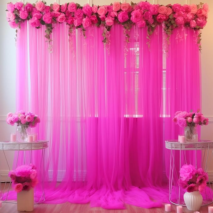 20x10 Hot Pink Tulle Backdrop Curtains for Parties, Sheer Backdrop Curtain Wedding Photo Background Drapes for Baby Shower Photography Birthday Party