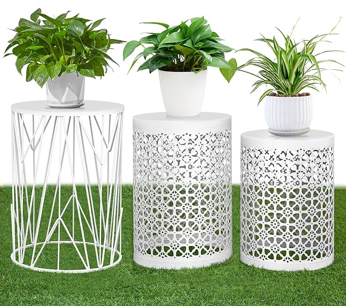 Y&M Set of 3 Heavy-Duty Round End Table, Side Table, Coffee Table for Indoor Multifunctional Use, Outdoor Decorative Garden Stool Plant Stand-White