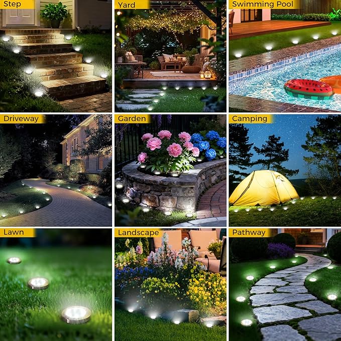 6 Pack Solar Ground Lights Outdoor, 8 LED Mini Flat Solar Disc Lights, IP65 Waterproof Pathway Lights Solar Powered, Landscape Lighting for Garden Walkway Driveway Yard Lawn,Cool White