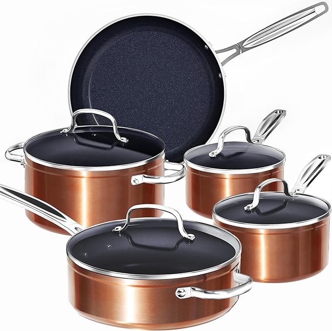 Nuwave 9pc Cookware Set Healthy Duralon Blue Ceramic Nonstick Coated, Diamond Infused Scratch-Resistant, PFAS Free, Oven Safe, Induction Ready & Evenly Heats, Tempered Glass Lids & Stay-Cool Handle