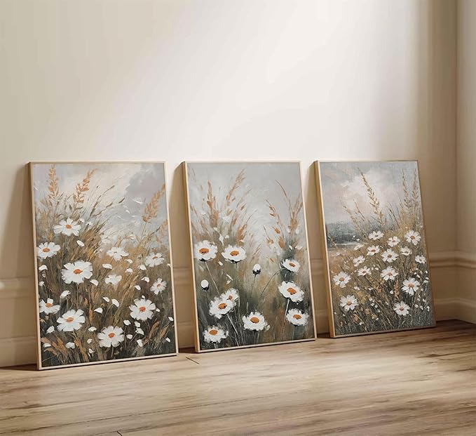 3 Pcs Vintage Wildflowers Field Canvas Wall art Farmhouse Rustic Wildflower Nature Landscape Painting Pictures Wall Decor Posters Print Artwork for Living Room Bathroom Home Decoration Unframed