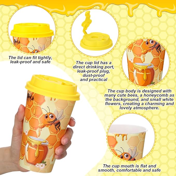 Yungyan 16 Sets Honey Bee Party Favors Goodie Cups with Lids and Straws for Birthday Decorations Reusable 16oz Plastic Candy Cups Plastic Straws for Birthday Party(Bee)