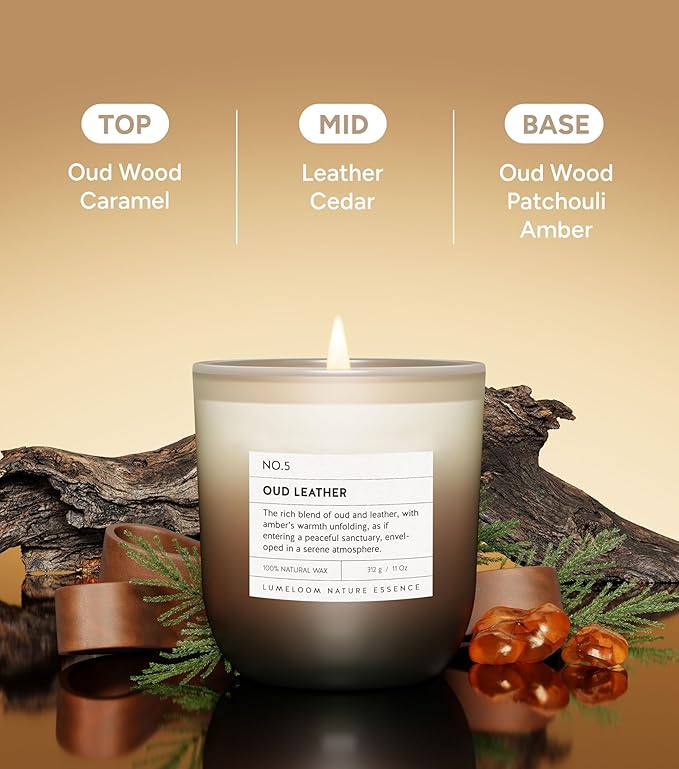 Oud & Leather Scented Candle, 11oz Aromatherapy Soy Wax Candles for Home Scented, Long Lasting, Oud Leather Scent for Home, Gifts for Men, Women, Friends, Teacher, Relaxation & Stress Relief