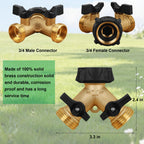 Biswing Garden Hose Splitter 2 Way, Heavy Duty Brass Connector Tap Splitter, Y Splitter 2 Valves with 2 Extra Rubber Washers