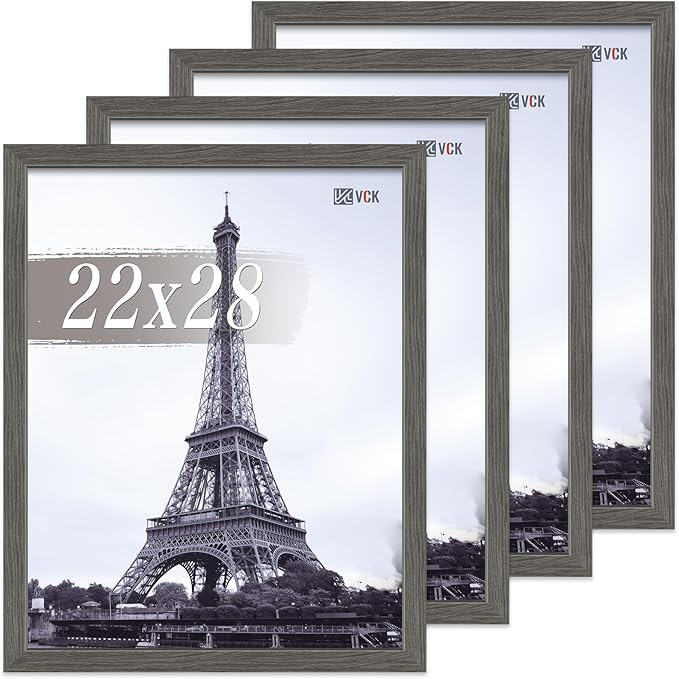 VCK 22x28 Poster Frame Set of 4 - Grey, Gallery-Quality Wood Picture Frames, 1.1-Inch Wide Border, Polished Plexiglass, Vertical or Horizontal Wall Display for Photo/Art/Prints, Grey