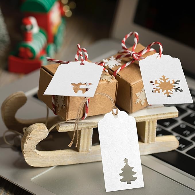 Aneco 150 Pieces Christmas Paper Gift Tags White Kraft Tags Hang Labels Christmas Tree Snowflake Reindeer Design with 30 Meters Jute Twine for Christmas DIY Wrapping Favor Holiday Present