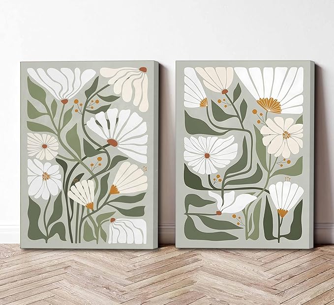 2 Pcs Boho Wildflowers Canvas Wall Art Green Bohemia Abstract Floral Botanical Painting Picture Wall Decor Poster Print Artwork for Living Room Bedroom Bathroom Home Decoration