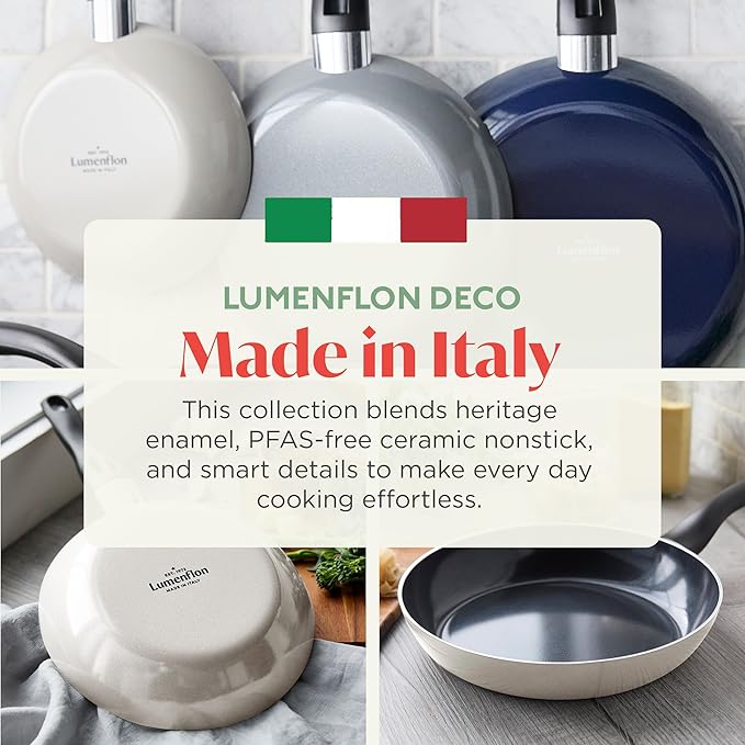 Deco 11” Nonstick Frying Pan Skillet, Made in Italy, Diamond Ceramic PFAS-Free, Dishwasher & Metal Utensil Safe, Durable Gloss Enamel Finish, Stay-Cool Handle, High Walls-Extra Room, Taupe