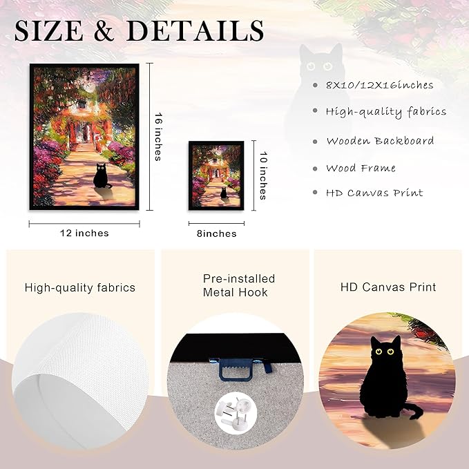 Krtoni Framed Vintage Monet Garden Cat Canvas Wall Art, Famous Oil Paintings Monet Flowers Black Cat Wall Decor, Cute Kitten Lovers Aesthetic Print For Farmhouse Gallery Bedroom Bathroom 10''L x 8''W