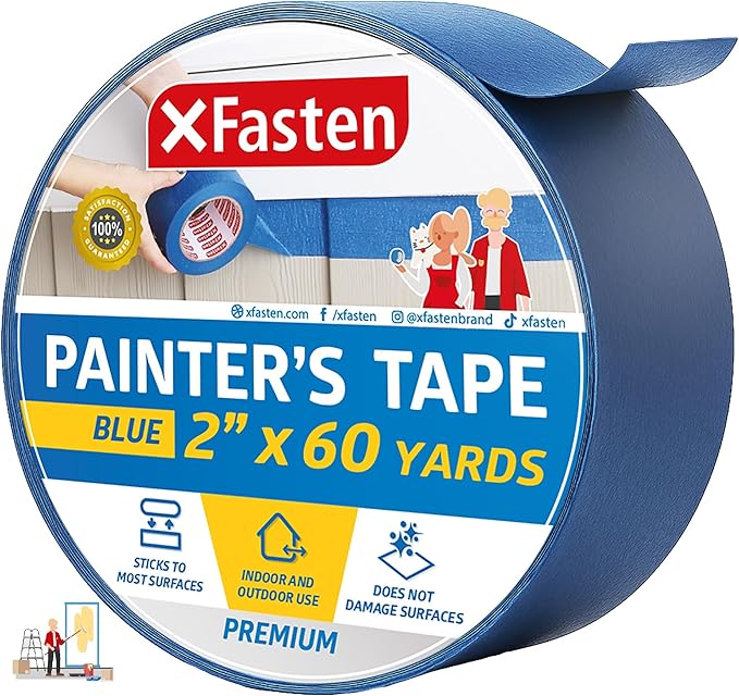 XFasten Professional Blue Painters Tape, Sharp Edge Line Technology, 2" by 60 Yards (Single Pack) - Produces Sharp Lines and Residue-Free Artisan Grade Clean Release Wall Trim Tape
