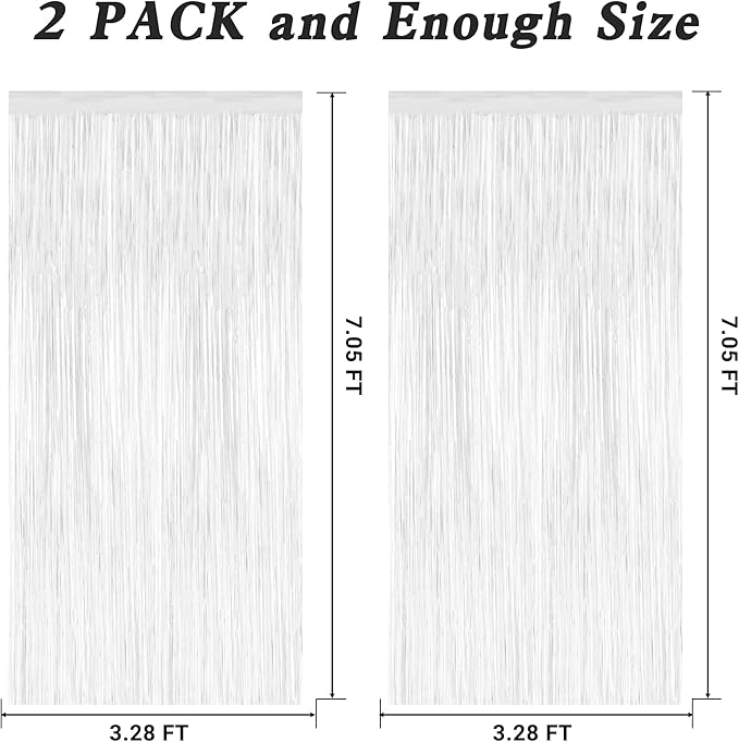 2 Pack Tinsel Backdrop, 3.28 x 7.05 Feet White Party Decorations, Metallic Foil Fringe Curtains Streamer Backdrop, Party Supplies Photo Props for Birthday Anniversaries Wedding