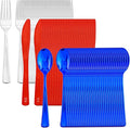 NOCCUR 180PCS Independence Day Silverware - 4th of July Tricolor Plastic Cutlery - Include 60 Red Knives, 60 Silver Forks, 60 Blue Spoons - Ideal for Independence Day