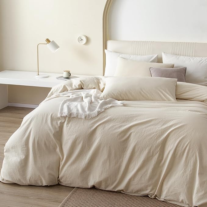 JIYUAN 100% Washed Cotton Duvet Cover Set 3 PCS Oversized King Plus, 1 Duvet Cover 128"x120"(Comforter Not Included) and 2 Pillowcases,Linen Feel Bedding Set Comfy and Breathable,Heathered Beige