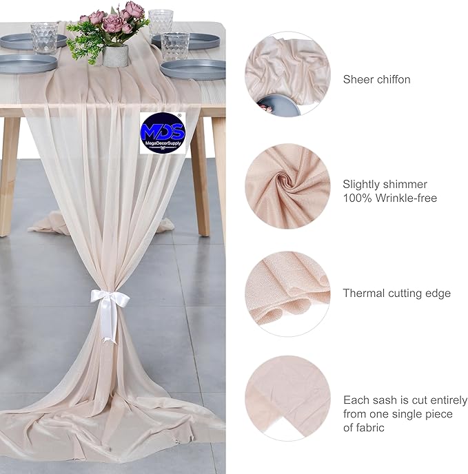 MDS 2 Pack 14ft Chiffon Table Runner 29 x 170 Inches Sheer Wedding Runner Romantic Rustic Table Runner for Wedding Decorations, Birthday Parties, Bridal Shower Party Arch Decor - Nude