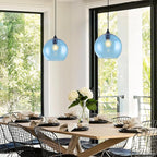 Blue Pendant Lights Kitchen Island Lighting Modern Globe Hand Blown Glass Pendant Light Ceiling Hanging Light fixtures for Kitchen Island Bedroom Living Dining Room Light Fixture-11.8in