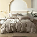 JIYUAN 100% Washed Cotton Duvet Cover Set 3 Pieces Super Queen, 1 Duvet Cover 90x98 Inches(Comforter Not Included) and 2 Pillowcases,Linen Feel Bedding Set Comfy and Breathable,Khaki