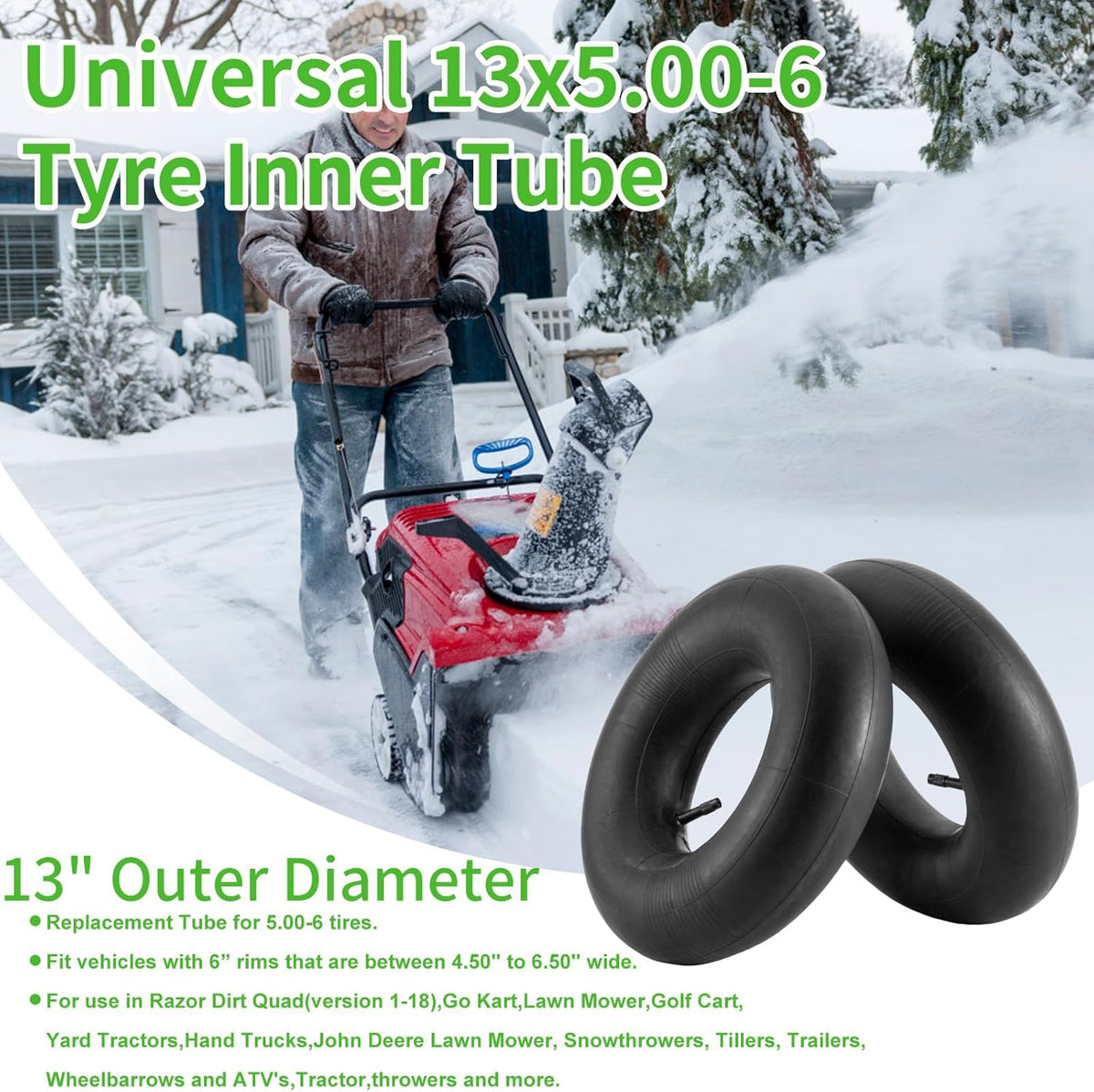 13x5.00-6" Inner Tubes, 2 Pack Heavy Duty 5.00-6/4.00-6 Replacement Tire Inner Tube with Straight Valve Stem Universal Fit for Razor Dirt Quad Lawn Mowers ATVs Yard Tractor Snow Blower and More