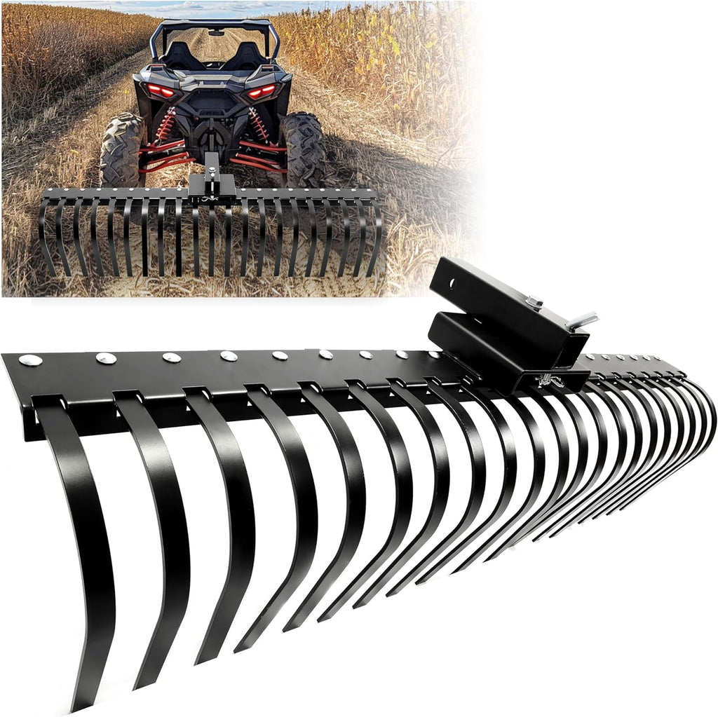 KUAFU 60 Inch Landscape Rake Pine Straw Rake Tractors Rake Fit for 2 Inch Receiver ATV UTV SxS Features 48" or 60" Accessory Tool Bar & 3 Point Hitch System Powder Coated Steel