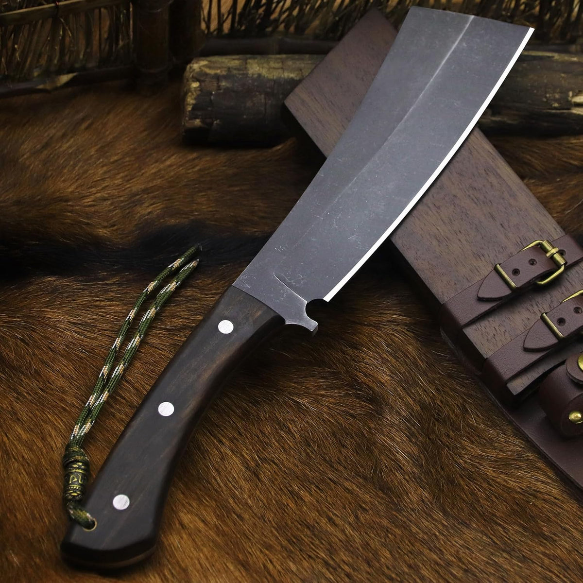 BA-KOR (Pioneer ) (14.6") DC53 steel 6mm thickened full Tang fixed knife+ Wooden sheath &(5.9IN) Cerium Igniter, suitable for outdoor hunting, cutting, chopping, camping, obstacle removal, exploration, fishing, EDC, BBQ (BA-Kb-0A)