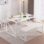 VECELO Kitchen Dining Table Set for 4 to 6, 55" Wood Dinette 2 Benches with Metal Frame for Dinner Breakfast Nook and Small Space, White