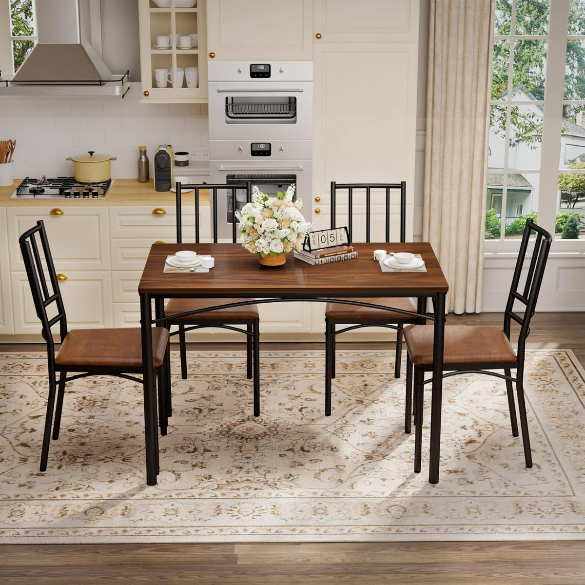 Dining Table Set for 4, Industrial Kitchen Table Set with 4 Upholstered Chairs, Metal Table and Chairs Set for Kitchen, Dining Room, Living Room, Walnut