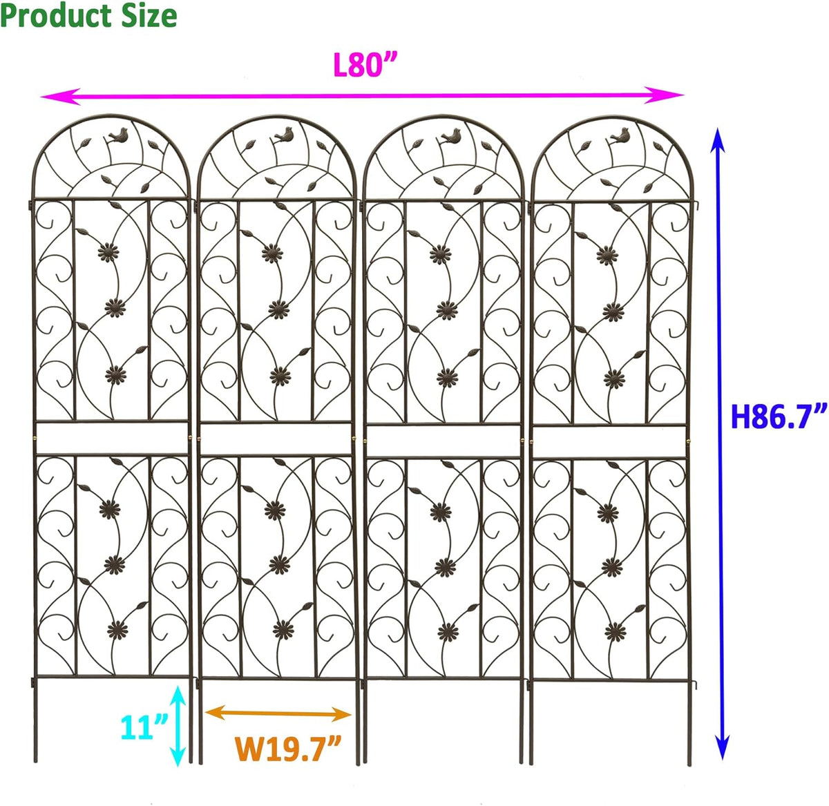 Metal Garden Trellis Rustproof Trellis for Climbing Plants Outdoor Flower Support Bird Deco (Brown-4 Pack, 86.7"x19.7")
