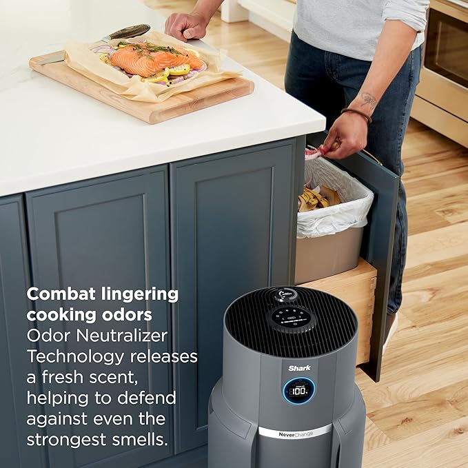 Shark Air Purifier for Home, NeverChange Max, 1,300 sq. ft. for Large Room, Kitchen, Home Office, HEPA-Exceeding Filter, Captures Pollutants, Pet Dander, Dust, Odor, Smoke, and More, HP301, Grey