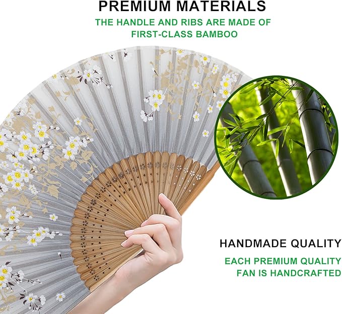 Amajiji 8.27"(21cm) Hand Held Bamboo Silk Folding Fan Hand Fan,Chinese/Japanese Charming Elegant Vintage Retro Style,Women Ladys Girls Best Gifts (Gray Little Sakura)