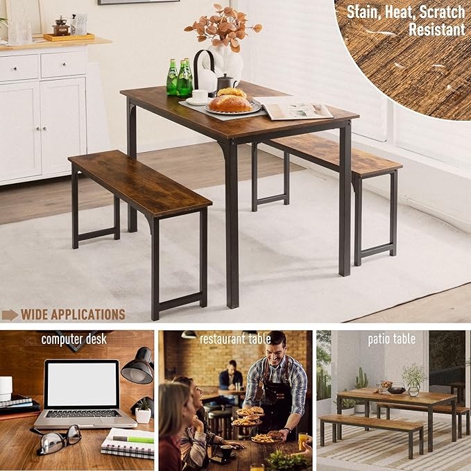 NAFORT Dining Table Set for 4, 3-Piece Kitchen Table with 2 Benches, 43.5’’ Space Saving Dining Room Table with Reinforced Metal Frame & Solid Wood Top, Ideal for Home, Restaurant, Patio Outdoor