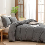 BESTOUCH Duvet Cover Set 100% Washed Cotton Linen Feel Super Soft Comfortable Chic Lightweight 3 PCs Home Bedding Set Solid Dark Grey Queen