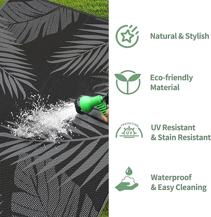 GENIMO Outdoor Rug 5' x 8' Waterproof for Patios Clearance, Reversible Outdoor Plastic Straw Camping Rug Carpet, Large Area Rugs Mats for RV, Picnic, Backyard, Deck, Balcony, Porch, Beach, Black&Grey
