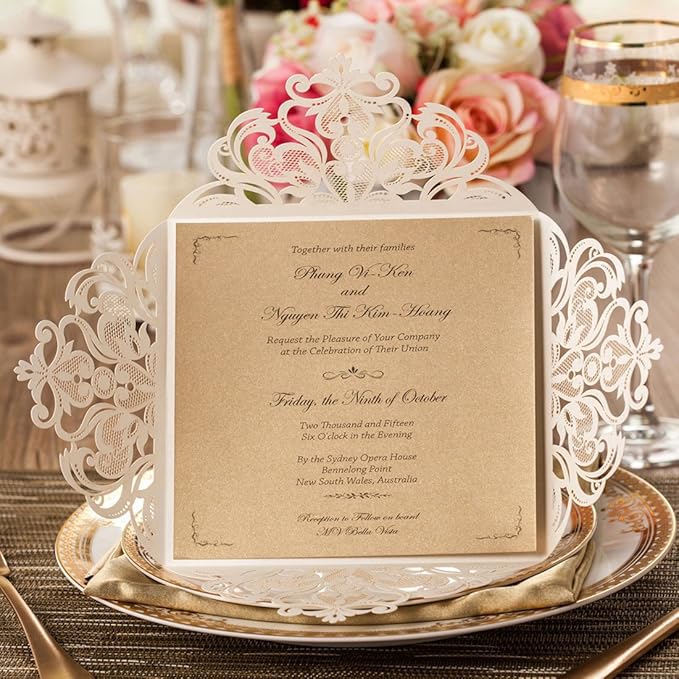 Hosmsua 50PCS Ivory Laser Cut Wedding Invitation Cards with Envelopes 6.3 x 6.3 Inch Hollow Rose Invitations for Wedding Bridal Shower Invite (Ivory, Blank)