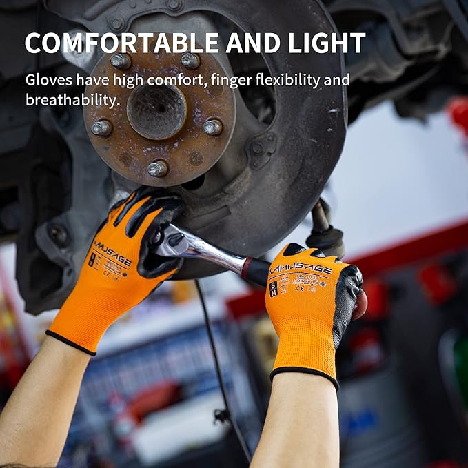 MANUSAGE Safety Work Gloves Nitrile For Men and Women, with Touchscreen Fingers, Men's Work Gloves with Grip, Mechanics Gloves (Size XL, Orange, 3-pairs)