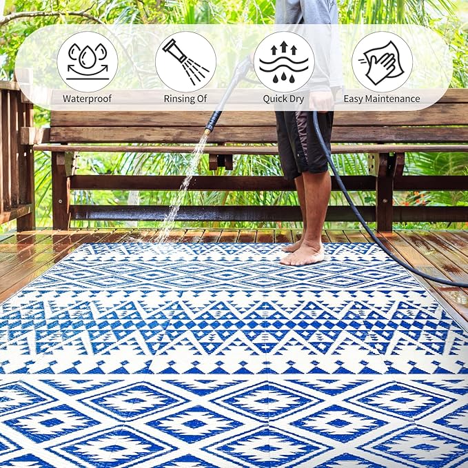 Waterproof Outdoor Rug 6x9ft, Bohemia Reversible Plastic Straw Mat for Patio RV Deck Porch Backyard Balcony Camping Picnic Beach Indoor Outdoor Carpet, Blue&White