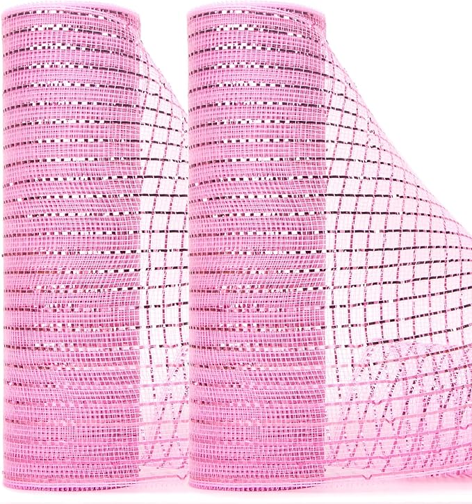 Ribbli 2 Rolls Light Pink Mesh Ribbon,10 inch x 30 feet(10Yard) Each Roll,Metallic Light Pink with Pink Wide Foil,Use for Wreaths Swags,Valentine’s Day and Christmas Decoration