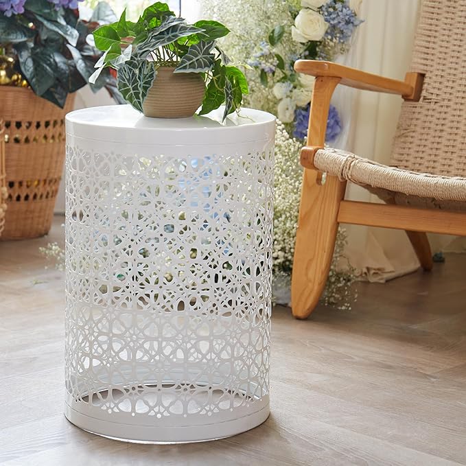 Y&M Set of 3 Heavy-Duty Round End Table, Side Table, Coffee Table for Indoor Multifunctional Use, Outdoor Decorative Garden Stool Plant Stand-White