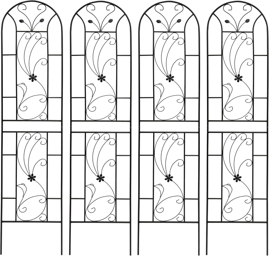 Metal Garden Trellis Rustproof Trellis for Climbing Plants Outdoor Flower Support Peacock Style (Black-4 Pack, 86.7"x19.7")