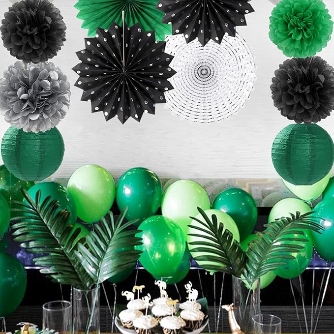 Black Green Silver Football Party-Decorations - 20pcs Soccer Theme Graduation Paper Lanterns Fans,Tissue Pom Poms,Honeycomb Balls,Men Boys Birthday Sports Spring Jungle Baby Shower Decor Burgleda