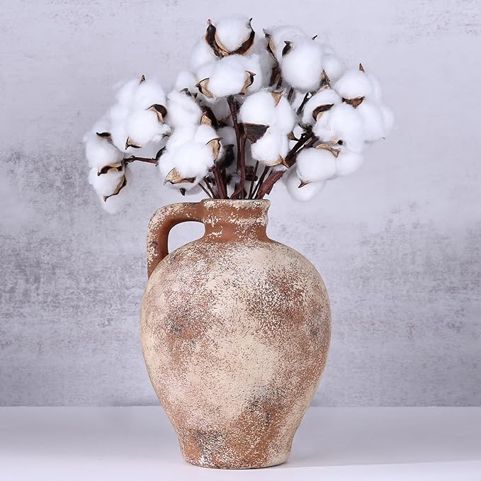 Rustic Farmhouse Ceramic Vase, 8.3" Tall Vintage Pottery Vases, Terracotta Decorative Boho Pampas Flower Vase, Suitable for Home Decor Living Room Entryway Table Bookshelf Mantle Shelf Decor