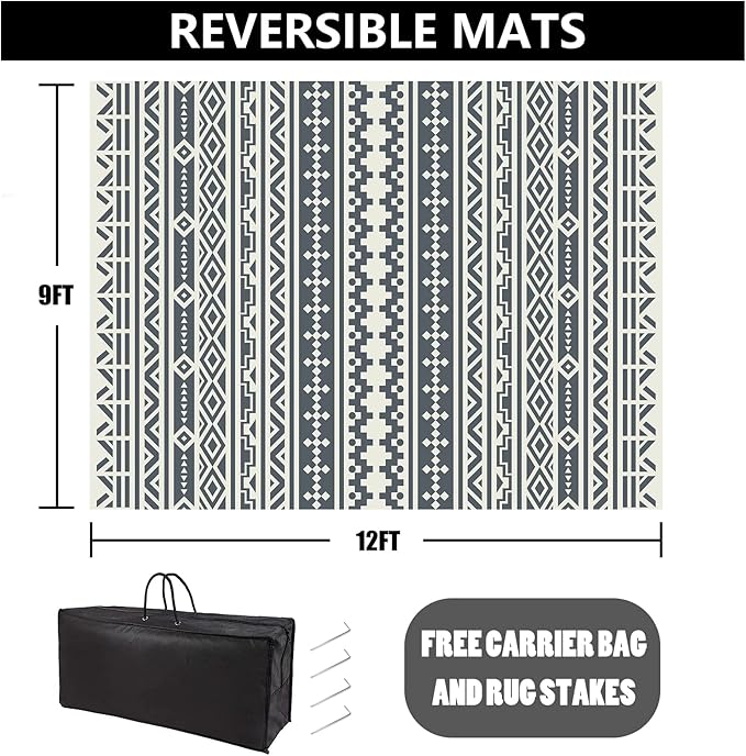 RV Waterproof Mat Outdoor Rugs 9'x12' for Patios Clearance Carpet Camping, Large Plastic Straw (9x12ft Geometric Boho Grey&White)