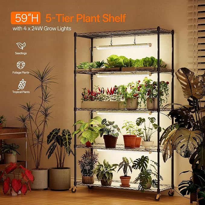 Bstrip Plant Shelf with Grow Light with Timer, Metal Plant Stand with Adjustable Rack and Wheels, 4 Pack 24W Full Spectrum Grow Light Strip for Indoor Plants, Seed Starting, 35.4"x13.8"x59"