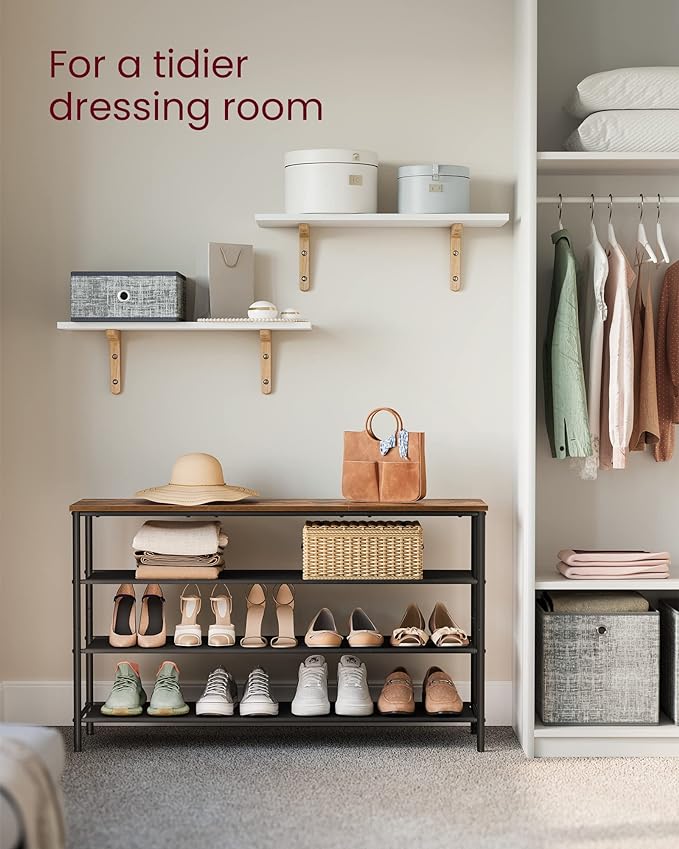 VASAGLE Shoe Rack, 4-Tier Shoe Storage Organizer for Entryway and Closet, Holds 15-18 Pairs of Shoes, 3 Fabric Shelves, Steel Frame, Industrial, Rustic Brown and Black ULBS135B01