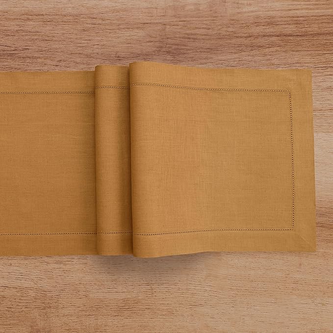 Solino Home Linen Brown Sugar Table Runner 120 Inches Long - 100% Pure Linen 14 x 120 Inch Table Runner for Fall, Autumn, Thanksgiving - Classic Hemstitch