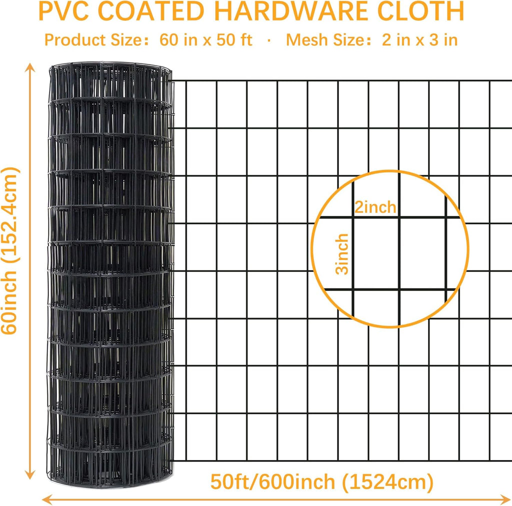 Black Metal Garden Fence, 60inch(H) x 50ft(L), 2 inch x 3 inch,14GA 2/3/4/5/6 Ft Tall Chicken Wire PVC Coated Welded Wire Mesh Roll for Dogs Border Yard Vegetable Plant Protection Poultry Netting
